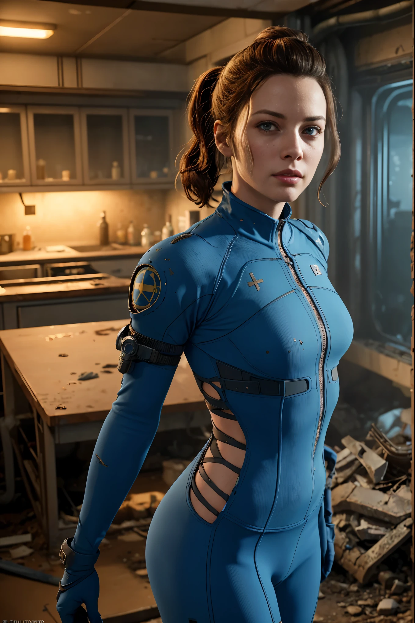 A cute and nerdy woman, (Ingrid Bergman:Gillian Jacobs:0.5), black wavy hair tied in a ponytail, (wearing a plunging high detail blue Fallout 4 vault suit with cut-outs), high detail face, high detail skin, seductive expression, perfect body, perfect proportions, a nuclear wasteland background with scattered ruins, high quality, masterpiece, realistic photo, intricately detailed, 8k, HDR, shallow depth of field, wide light, high contrast, backlight, sharp focus, RAW color photo, looking at the camera, cool colors, dynamic poses, in the style of Fallout 4