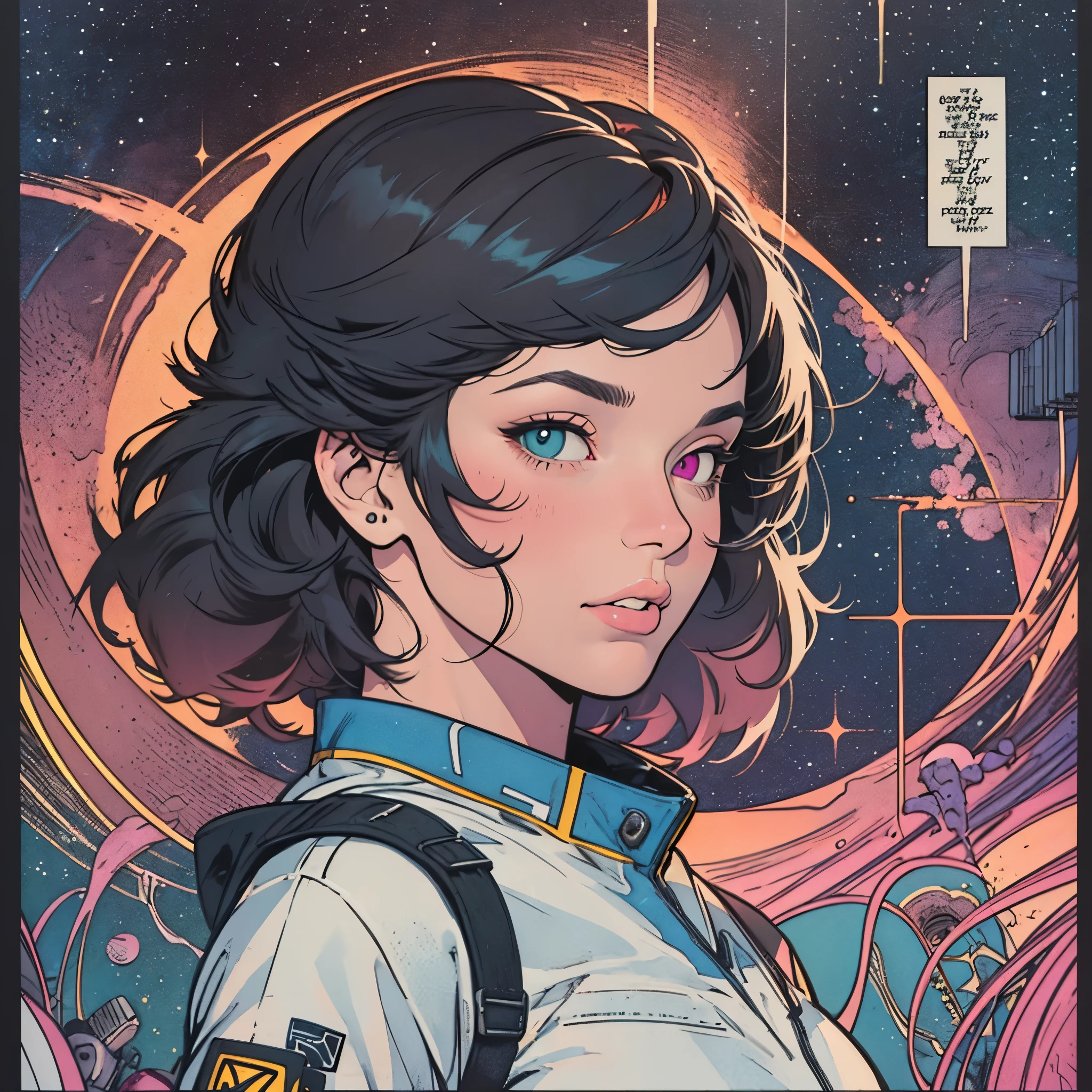 ultimate best quality,beautiful woman,speech bubble,big brest,galaxy,60s,70s,80s,colorful,cosmo,space,((Heterochromia))