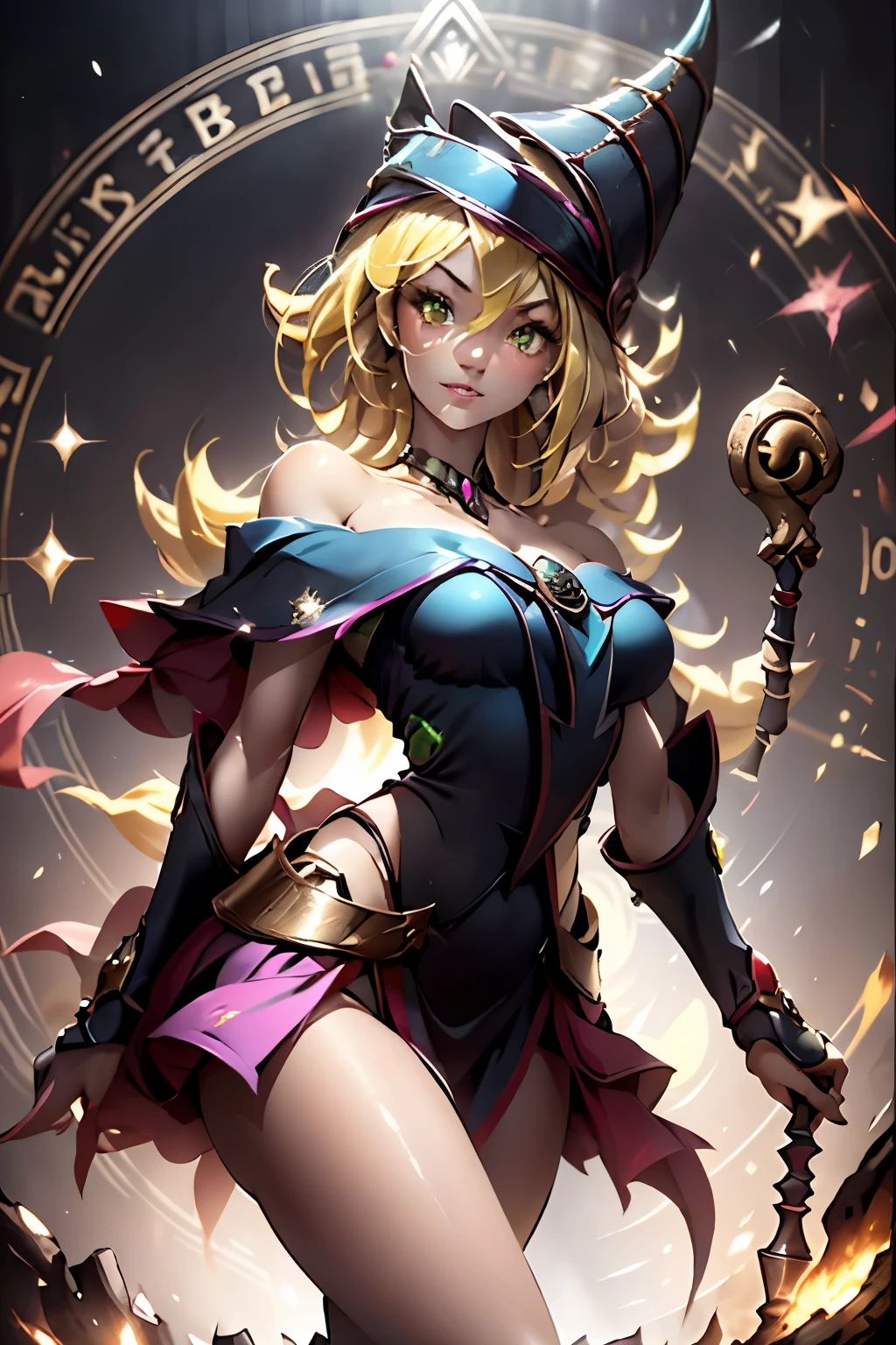 (8k,fotorrealista raw photography the highest quality;1.4) (1chica en) Super belleza (cara realista) cuerpo femenino (Rubia de rizos largos) Hold a black and red magic wand Escena de combate Magic hat with black and gold exterior Beautiful expression Deslumbramiento (Piel de aspecto real) (Giles magos oscuros) tentador super high resolution Un hiperrealista Alto detalle foto de cuerpo completo restos