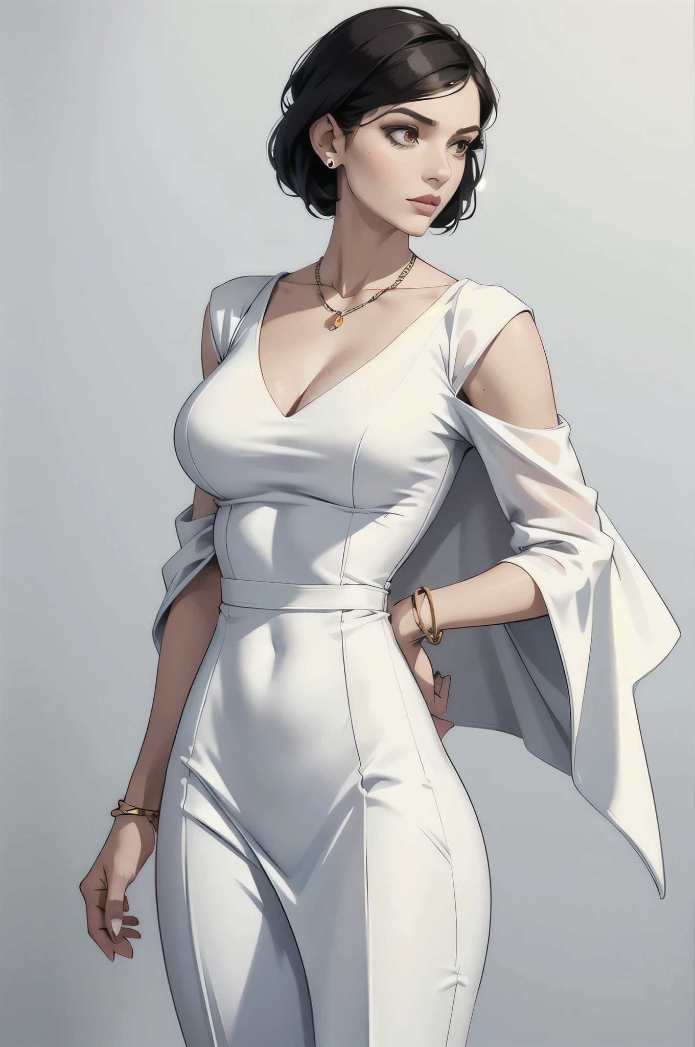 makeup, mascara, simple color palettes, woman 25 years old, stylish, Clean, deep v, sharp designs, flowing silhouettes, Tight skirts and pants, high-waisted skirts and pants, simple dresses, shirts and blouses, asymmetrical, geometric, Elegant and luxurious materials and designs, Simple, minimal accessories, [[chic modern short cape]], Slim necklaces and rings in silver or gold, Simple bangles, Distinctive designs, simple silhouettes, chic and mature impression, simple and sophisticated style, elegance, minimalism, high quality materials, cool and urban impression, high fashion, , simplicity and sophistication, plain white dress, chic white dress, busty, 
