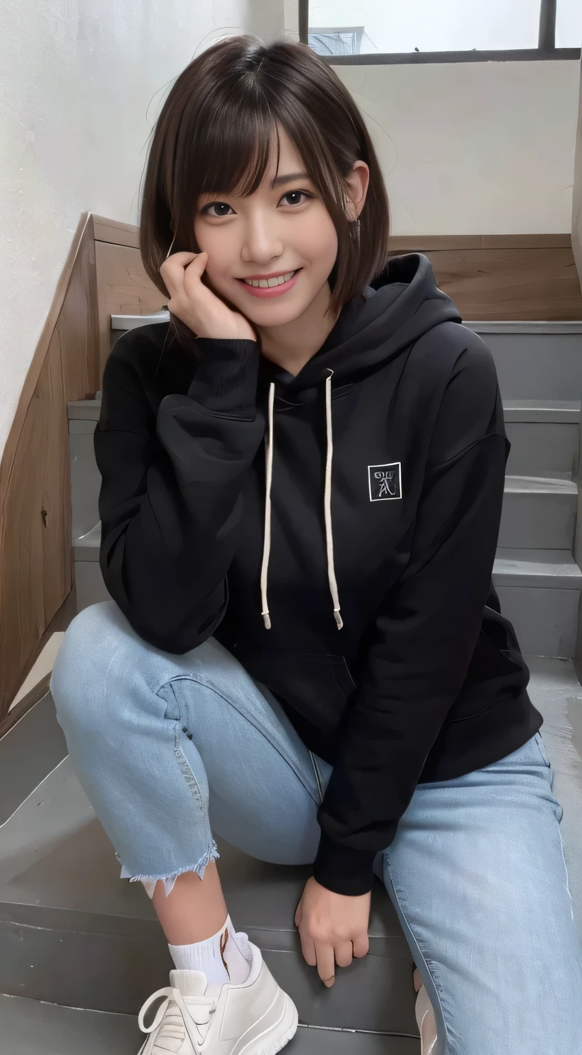 highest quality, Realistic, Very detailed, Finer details, High resolution, 8k wallpaper, One beautiful woman,Sit on the stairs、(Wear black socks)smile、(Beautiful teeth alignment、)(Gums are visible) Oversized hoodie, Skinny jeans,( Black sneakers)、Black Hair、 Beautiful Bangs、ear piercing、Perfect dynamic composition, Beautiful and detailed, Full Body Shot, A big smile