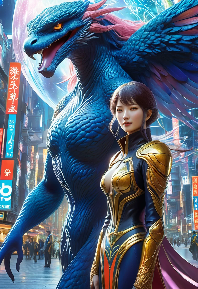 (best quality,4k,highres),(realistic,photorealistic:1.37),(Yoshitaka Amano style:1.1) A woman and her guardian familiar, mystical creature,otherworldly being,enchanting companions,wearing stylish futuristic clothes,inspired by Phantasy Star Online, lustful poses, (The woman, with her eyes brightly colored and her facial features elegantly detailed, adding to her allure. Dressed in elegant casual clothes with a stylish futuristic jacket.), (She is accompanied by a guardian, a mystical humanoid with exquisite anatomical features. The humanoid's presence adds a sense of wonder and magic to the scene.), (The woman and her companion stand in a vibrant and bustling city, a modern metropolis with bustling streets, and vibrant signs. The colors are vibrant, with a mixture of blues, olive, and pale reds creating a dreamlike atmosphere.), (The lighting is soft but illuminating, casting a gentle glow on both the woman and the creature.), (The overall composition has a realistic and photorealistic quality, capturing the essence of the scene in intricate detail.), (The art style is inspired by Yoshitaka Amano, known for his ethereal and otherworldly illustrations. The combination of realistic elements with the artist's unique style creates a captivating and visually stunning image.)