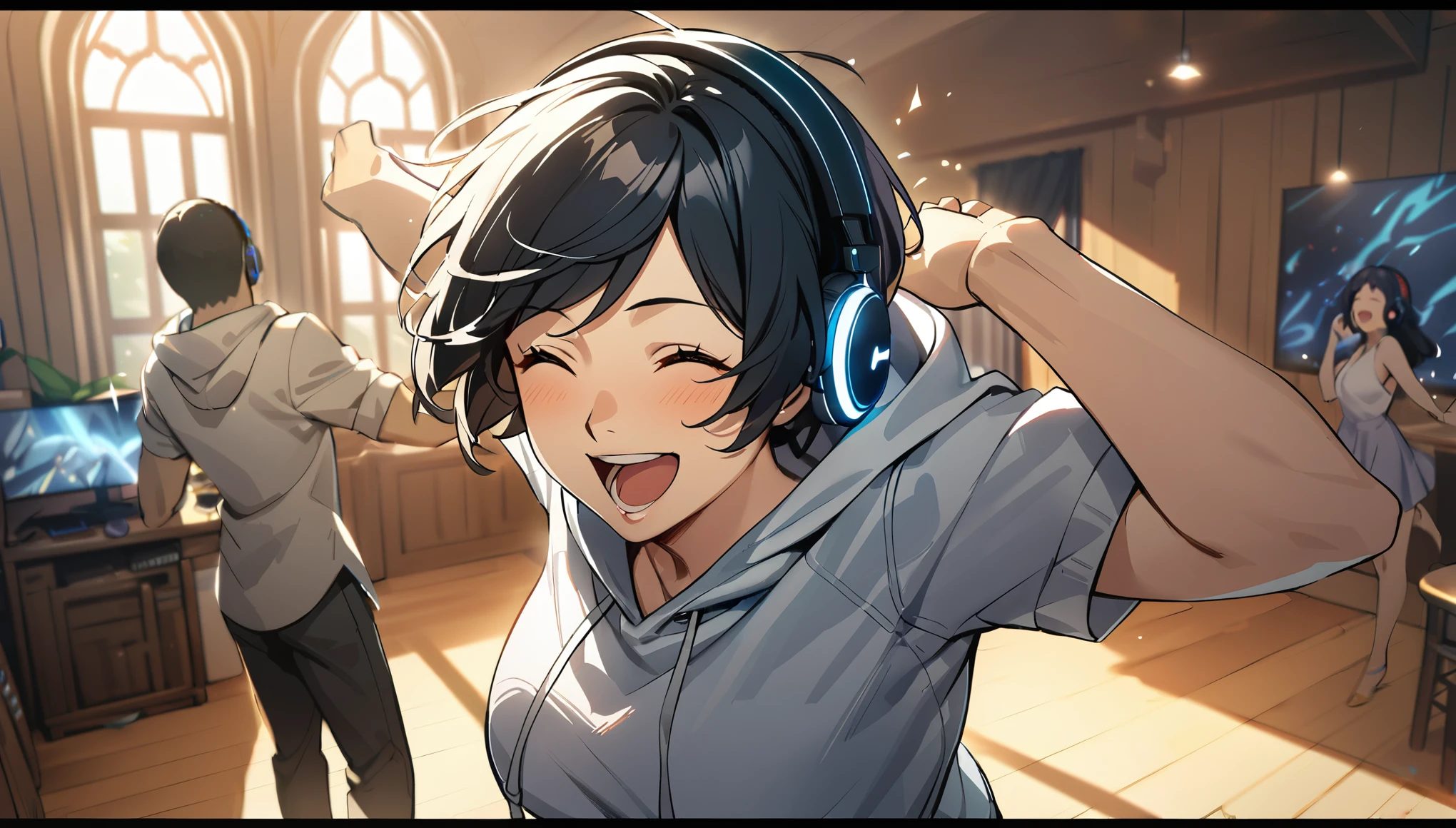 1Boy, Headphones, Music, ((Dancing)), ((Black Hair)), Hood, Rock, ((Excited)), ((Smile)), ((Close Eyes)), Room, Comfy, Masterpiece, Best Quality, 4K