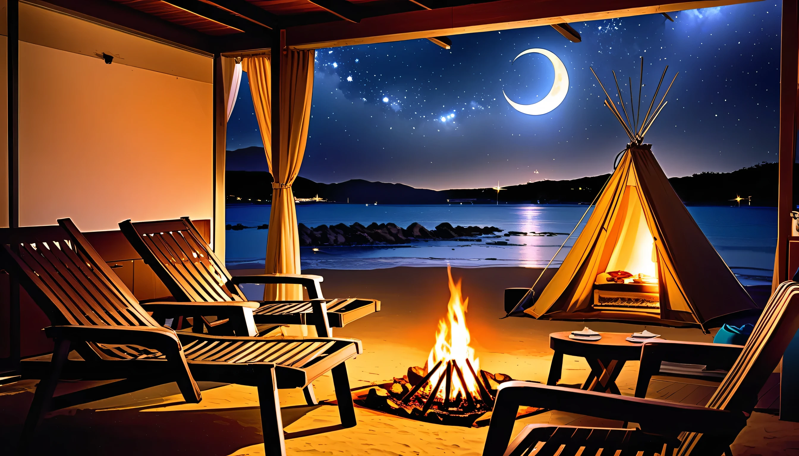 High fidelity Photograph、beach campsite、bonfire、beautiful sandy beach、The crescent moon is beautiful、tent、unburned bonfire、Grill、deck chair、starry、Quiet place、beautful view、lamplight、there was no one。