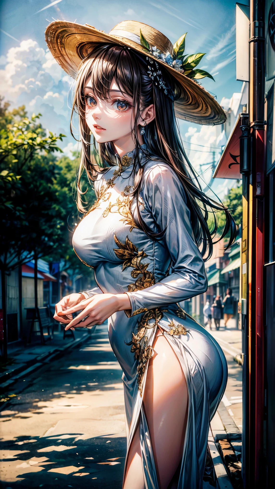 masterpiece,highest quality,Ultra high definition,Vietnam,Towns in Vietnam,ao dai,Vietnamese,Beautiful woman, light brown eyes, Nonrah's hat