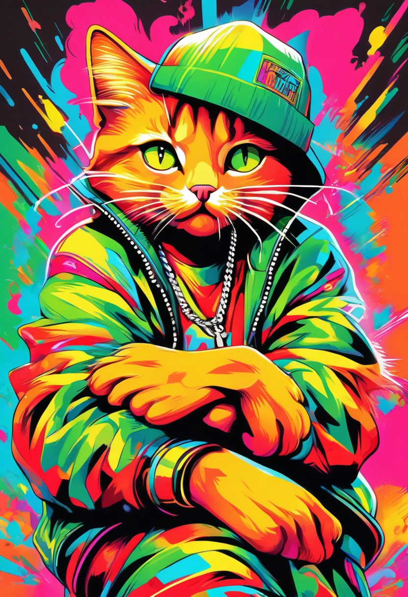 (big picture, ((rapper cat:1.5)), crossed arms pose, typical rapper pose, rapper clothing, colors, green, red, yellow, orange, cyan, masterpiece, hyper-detailed, sharp focus, vibrant colors, artwork: 1.2)