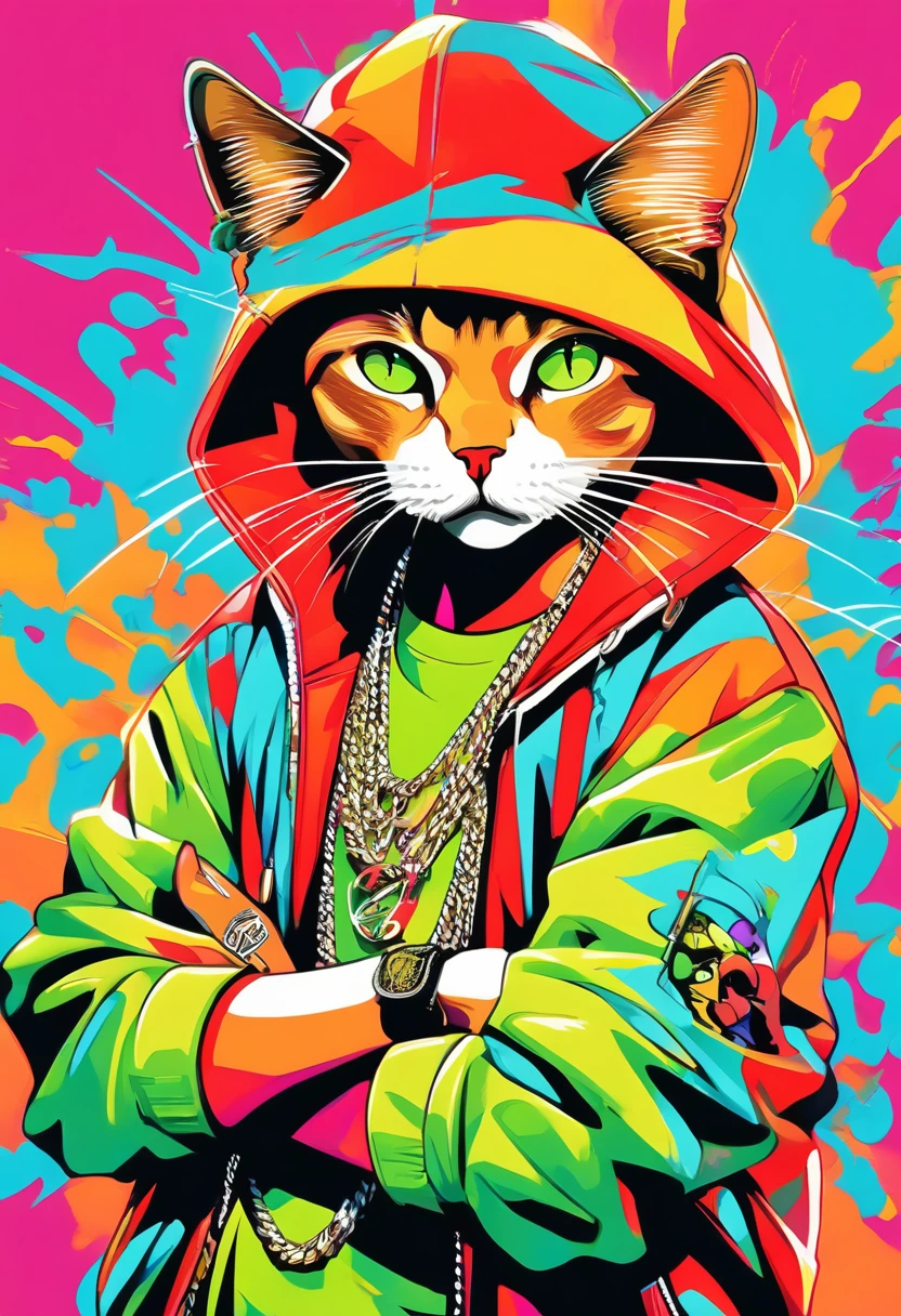 (big picture, ((rapper cat:1.5)), crossed arms pose, typical rapper pose, rapper clothing, colors, green, red, yellow, orange, cyan, masterpiece, hyper-detailed, sharp focus, vibrant colors, artwork: 1.2)