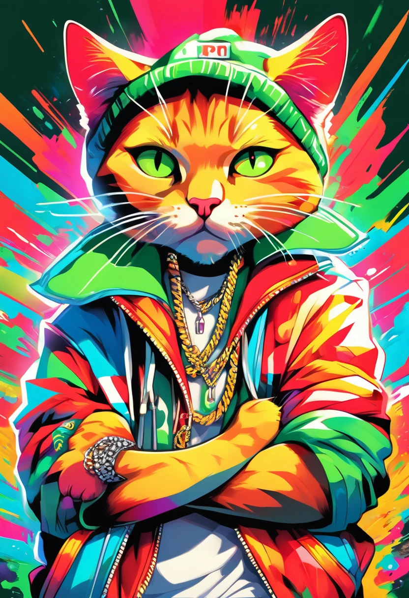 (big picture, ((rapper cat:1.5)), crossed arms pose, typical rapper pose, rapper clothing, colors, green, red, yellow, orange, cyan, masterpiece, hyper-detailed, sharp focus, vibrant colors, artwork: 1.2)