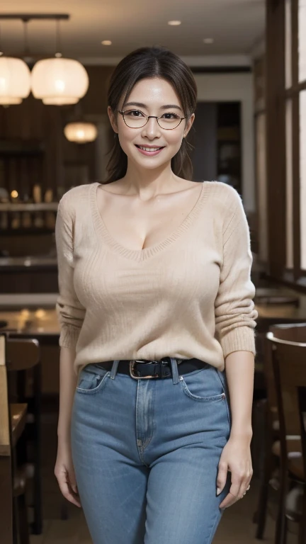 Mature attractive sexy woman,50 years old, Shut,((Big Breasts:1.0)),(Facial wrinkles:1.3),light makeup,Light brown hair、Standing Alone、A good attitude、((Full body photography:0.85)),8k, RAW Photos, highest quality, Laughter,masterpiece,highest quality、A gentle smile、A gaze that seduces viewers、Scrunchies in a ponytail、Inside the family restaurant、Beige knitwear、denim、Sweaty skin、Silver-rimmed glasses、