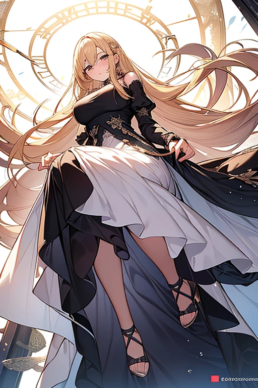 Best image quality, Excellent details, Ultra-high resolution, Best illustrations, Favorite Details, Very condensed one girl, Delicate and beautiful features, Woman with long blonde hair and large breasts in a dress, Trampling on people,full body,from below