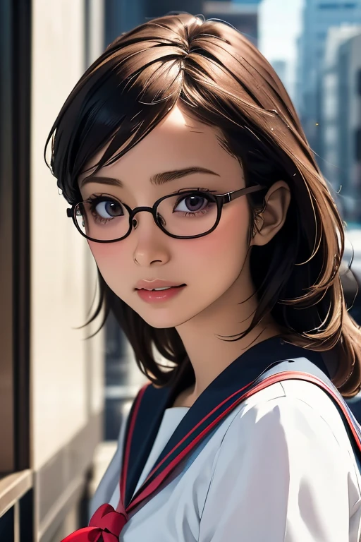 (masterpiece, highest quality), One Girl,  Satou, Satou, Glasses, 赤いフレームのGlasses, Sailor suit, Satou, Glasses, 赤いフレームのGlasses, 