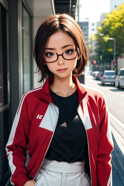 (masterpiece, highest quality), One girl, Satou, Satou, Glasses, 赤いフレームのGlasses, Under-rim eyewear, Satou, Glasses, 赤いフレームのGlasses, Under-rim eyewear, Track jacket, Track pants
