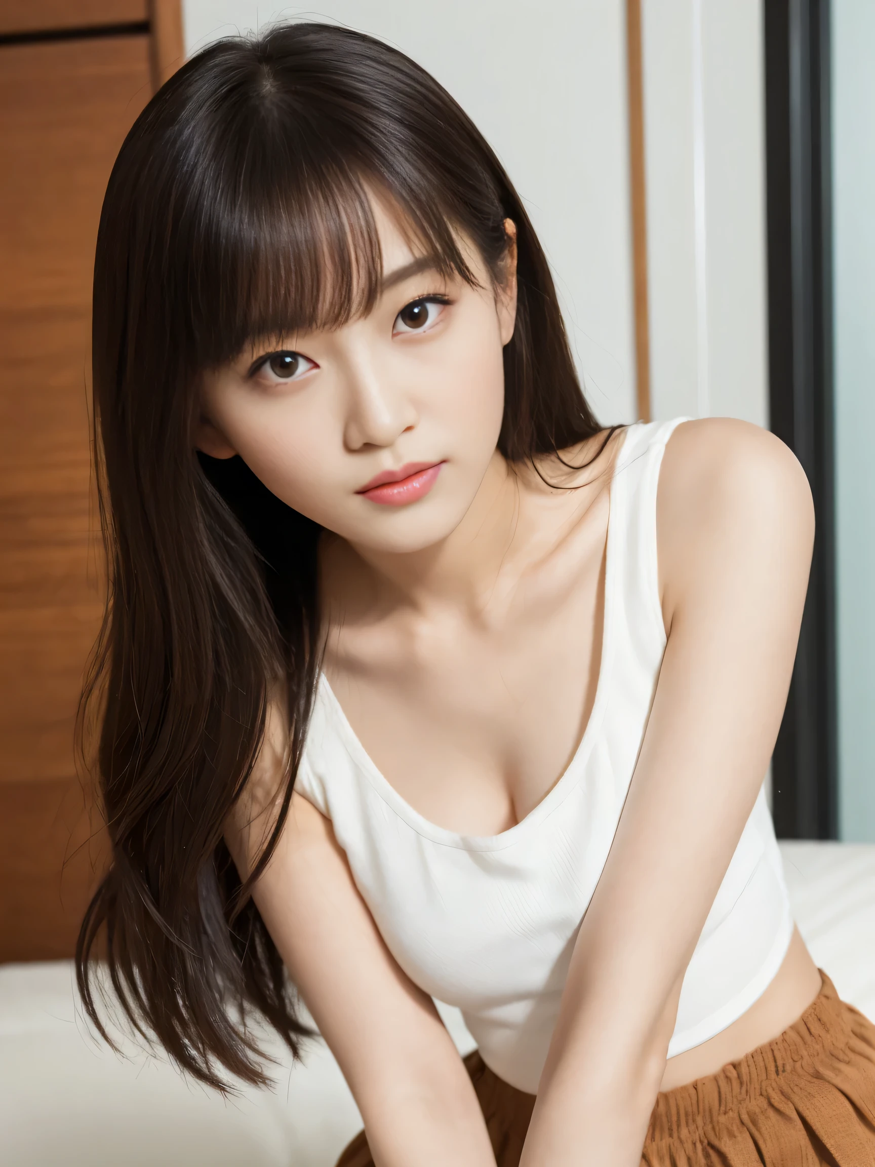 (Best image quality、8k、masterpiece:1.3))、Realistic high-quality photos、highest quality、pretty girl~Well-groomed face、25 year old beautiful Japan woman、Photos of slim models、Big model、若いJapanese Girls、Young and pretty face、Japanese Girls、25-year-old female model、Beautiful model girl、The innocent look of the girl next door、Nice delicate face、Brown Hair、Beautiful brown eyes、Tear bags、Drooling eyes、Young Body、mini skirt 、Tank top, summer