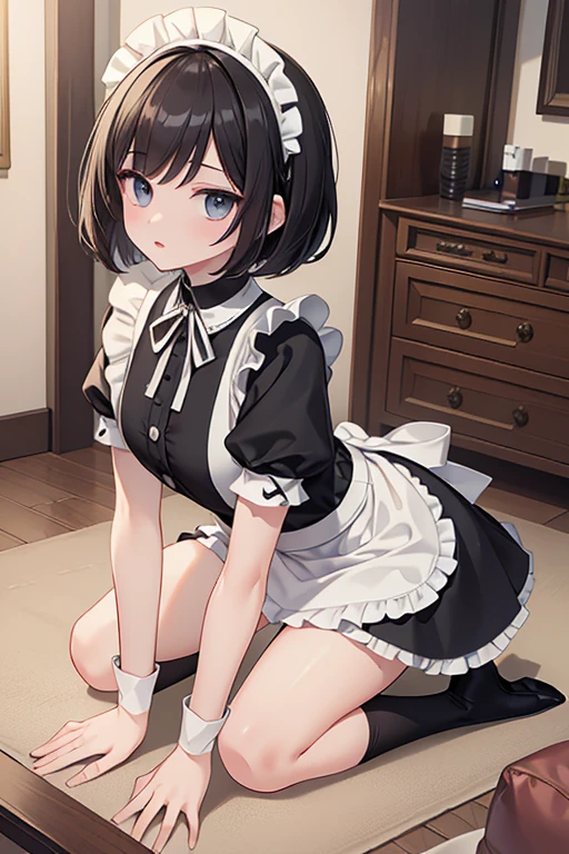 (masterpiece, highest quality, highest quality, Official Art, Cosmetology and aesthetics: 1.2), Bobcut, Black Hair,Short skirt maid outfit, Crossdresser,Cute, delicate and short, On all fours,I&#39;m cleaning,Turning her back,Composition with the back visible,Luxury House,corridor