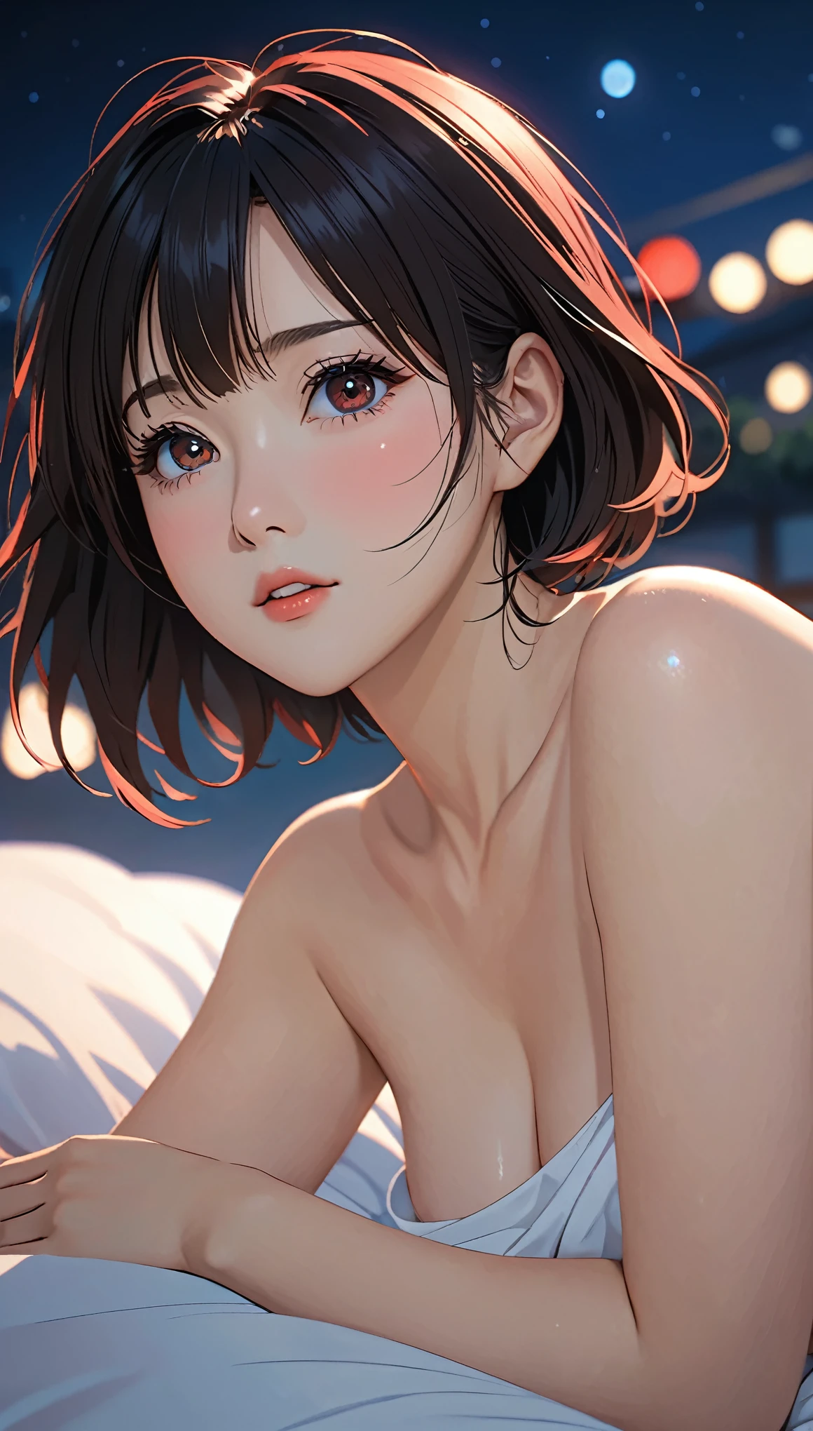 (((I want to see up to my knees:1.5、Ezvian everywhere:1.5)))、masterpiece, High resolution, shape, Kyoto Animation Style, Your Name Movie Style, night, midnight, Light, (1 female: 1.3), (alone: 1.4), Long eyelashes, Short Bob, Red Nose, Lying down, naked, Lying in bed、Tears flow、(Outstretched Hand:1.2)、Mr..々Pause、(上半身のみnaked)、Big Breasts、(((Erect nipples:1.5)))、(Wide-open legs:1.5)、Wide waist、Grey sports bra