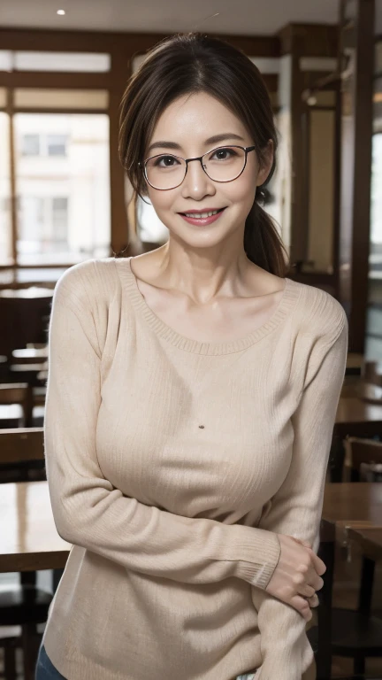 Mature attractive sexy woman,50 years old, Shut,((Big Breasts:1.0)),(Facial wrinkles:1.3),light makeup,Light brown hair、Standing Alone、A good attitude、((Full body photography:0.85)),8k, RAW Photos, highest quality, Laughter,masterpiece,highest quality、A gentle smile、A gaze that seduces viewers、Scrunchies in a ponytail、Inside the family restaurant、Beige knitwear、denim、Sweaty skin、Silver-rimmed glasses、