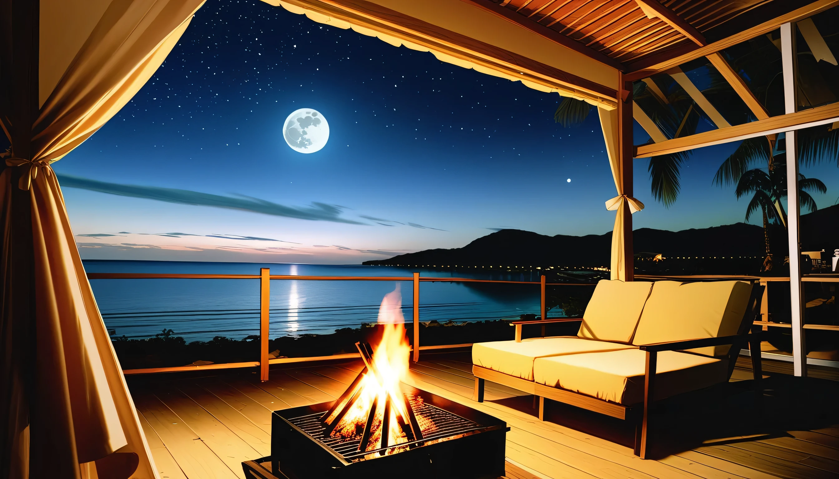 High fidelity Photograph、beach campsite、bonfire、beautiful sandy beach、The crescent moon is beautiful、tent、unburned bonfire、Grill、deck chair、starry、Quiet place、beautful view、lamplight、there was no one。