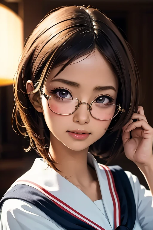 (masterpiece, highest quality), One Girl, Satou, Satou, Glasses, 赤いフレームのGlasses, Sailor suit, Satou, Glasses, 赤いフレームのGlasses,