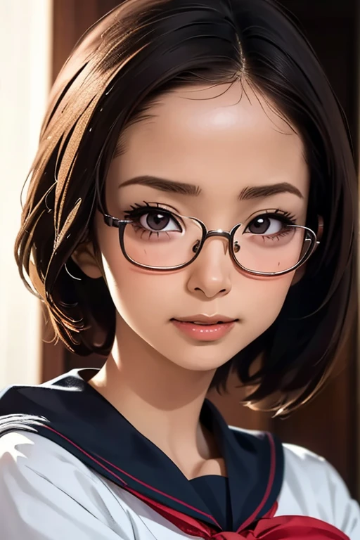 (masterpiece, highest quality), One Girl,  Satou, Satou, Glasses, 赤いフレームのGlasses, Sailor suit, Satou, Glasses, 赤いフレームのGlasses, 