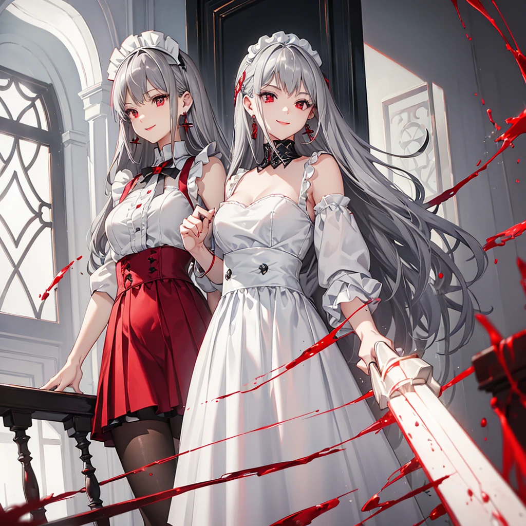 ((Grey Hair　Red eyes　woman　Earrings))　((knife　bleed　smile　Maid clothes　mini skirt))　(Backlight　reflection　Streaks of Light　Slashing)