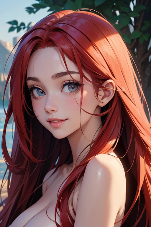 beautiful 18 year old girl, big eyes, big breasts, small and thin, 8k, top quality, (highly detailed head: 1.0), (highly detailed face: 1.0), (highly detailed hair: 1.0), totally naked, artwork highly detailed official art, moe anime art style, clean and detailed anime art, smile, red hair, long straight hair,