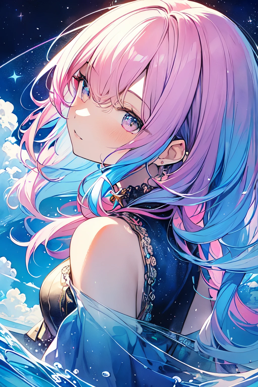 (masterpiece, highest quality, highest quality,watercolor (Moderate),Official Art, beautifully、aesthetic:1.2),(1 girl:1.3), (Fractal Art:1.3),Upper Body, From the side, Looking at the audience,pattern,(Rainbow Hair,colorful hair,Half blue、Half pink hair:1.2),water,liquid, cloud,colorful, Starry Sky,performer,