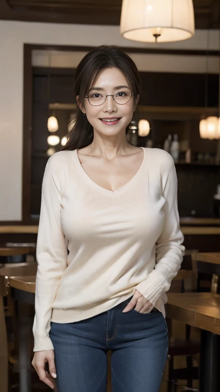 Mature attractive sexy woman,50 years old, Shut,((Big Breasts:1.0)),(Facial wrinkles:1.3),light makeup,Light brown hair、Standing Alone、A good attitude、((Full body photography:0.85)),8k, RAW Photos, highest quality, Laughter,masterpiece,highest quality、A gentle smile、A gaze that seduces viewers、Scrunchies in a ponytail、Inside the family restaurant、Beige knitwear、denim、Sweaty skin、Silver-rimmed glasses、