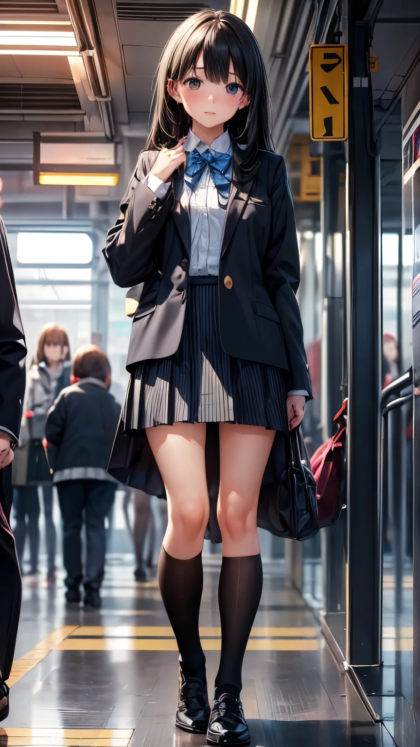 ((masterpiece, Highest_quality)), One girl, (Realistic:1.4),  alone, white_background, black_hair, length_hair,   zettai_ryouiki, Micro Mini Skirt, ((full_body)),In a crowded train、whiteいパンティ