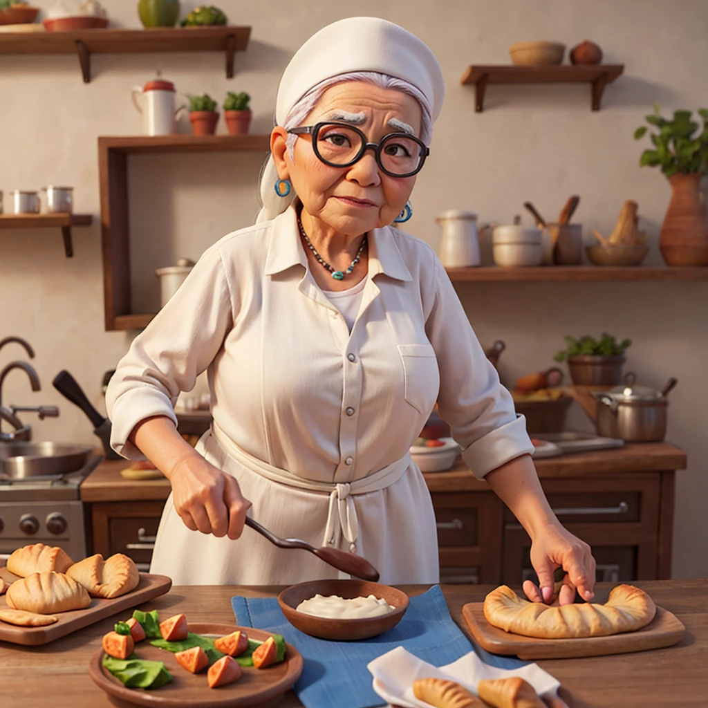 Abuelita campesina haciendo empanadas sentada de lado