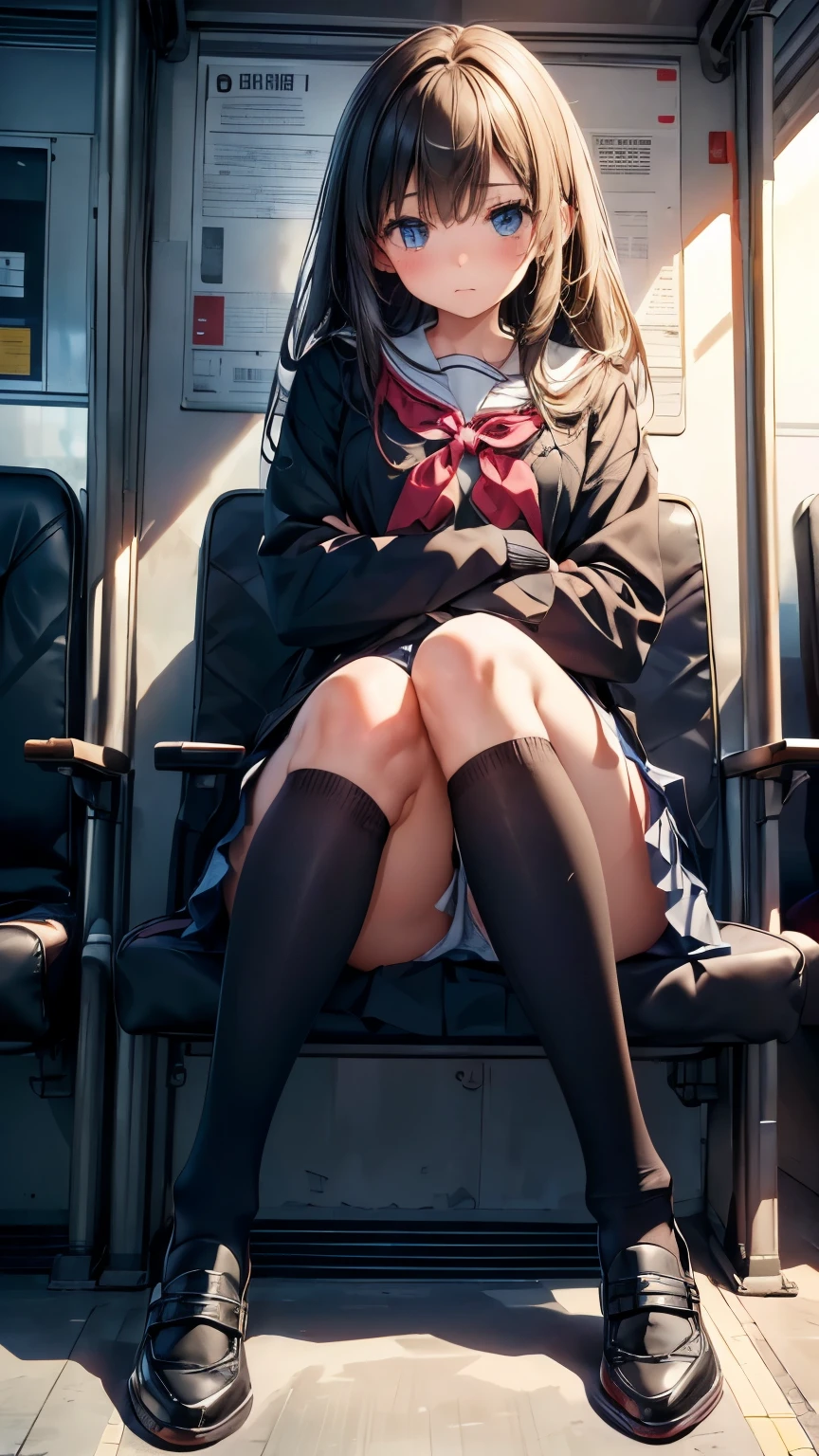 ((masterpiece, Highest_quality)), One girl, (Realistic:1.4), alone, white_background, black_hair, length_hair, zettai_ryouiki, Micro Mini Skirt, ((full_body)),In a crowded train、whiteいパンティ、Bend your knees and sit down、Embarrassed expression、Absolute area、Over the knee socks