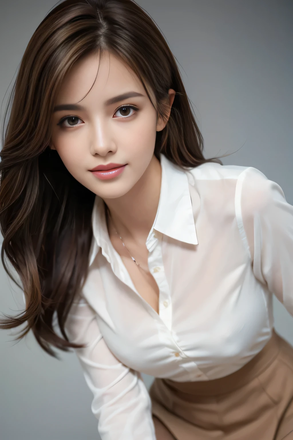 whole body, highest quality, practical, Super detailed, finely, High resolution, 8k wallpaper, One beautiful woman,, Light brown messy hair, Wear a white collared shirt，Short skirt, Clear focus, Perfect dynamic composition, Beautiful and delicate eyes, Thinning hair, Detailed practical skin texture, smile, Close-up view, model diagram