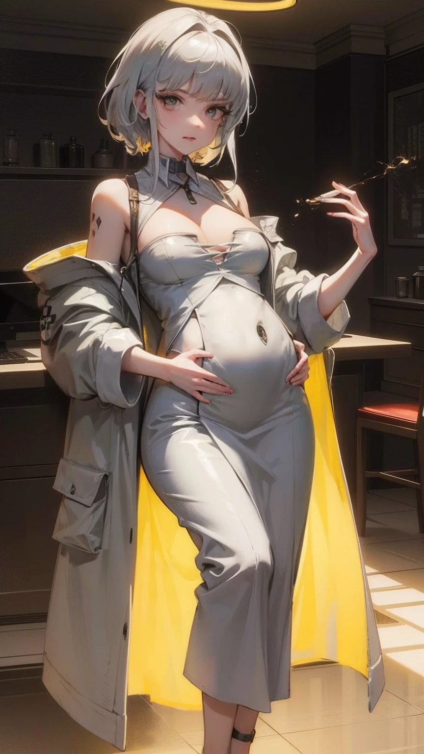 (8k, original photo, best quality, masterpiece:1.2), (Practical, photo-Practical:1.37),1 Girl, night, Professional lighting, Photon Mapping, Radiosity, Korean Doll, belly button, Gray background,Big Breasts,Pregnant women