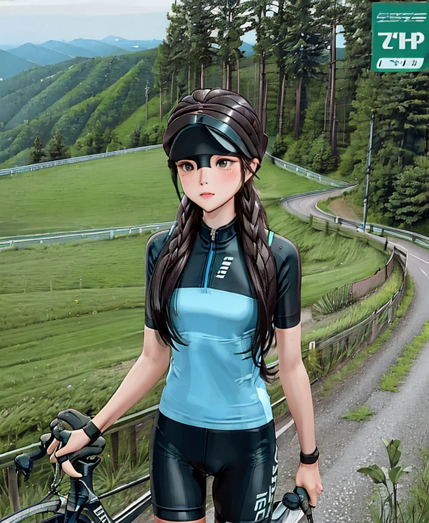 (((masterpiece))), (((best quality))), (((Ride a road bike))), downhill, steep slope, eye mask, earphone, Cycling shorts, wind, Speed line effect, alone, 1 girl, ribbon, long hair, Split, big , Shy. blush,