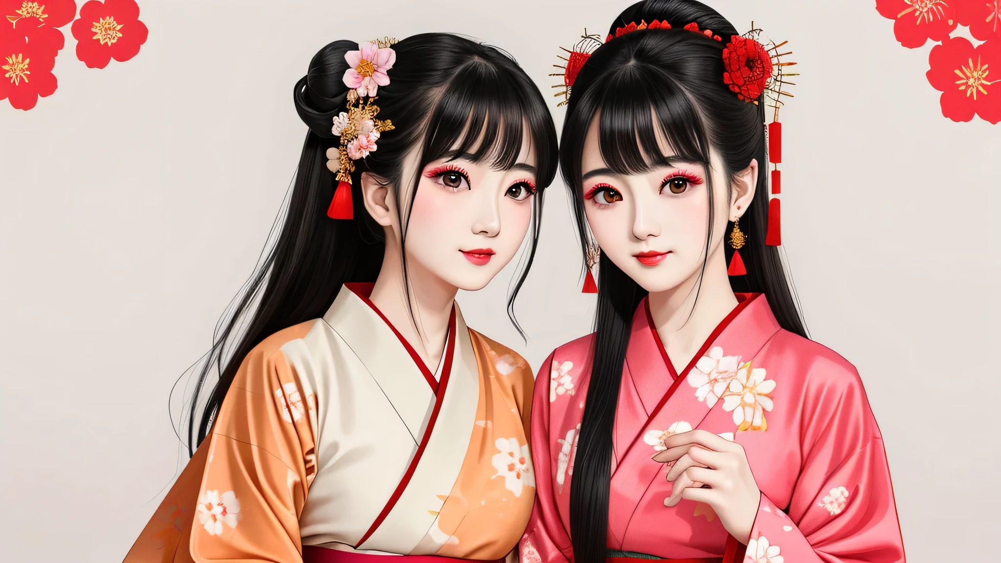 Each has a different expression2People and sisters、(2 girls)、⦅Dancing traditional arts with grace)、((Big Breasts、Small Face、Not exposed))、highest quality、masterpiece、(Black Hair、Bun Hair)、Brown Eyes、⦅Wide angle、Angle from above the waist and diagonally below、Pause on the magazine cover、Their gazes are different, gazing into the distance⦆、(8K High Quality、masterpiece、High resolution、Realistic and beautiful light and shadow、(highest quality)、(High Resolution)、(Very delicate and beautiful)、(Beautiful 8k face)、(With a smile、Beautiful eyes)、(Clear skin)、(Soft hair)、(8Head to Body)、(A Japanese style yukata kimono with red, pink and orange floral patterns on a white background, interspersed with gold powder、Five beautiful Japanese girls wearing yukata)、((Tanabata decoration background))、((Small Face))、(arms up)、Thin and small nose、(Red lipstick)、(Make your cheeks red)、(Glossy skin)、((Ink painting style))、Very thin eyebrows、Overall ultra-high image quality、(She is wearing maiko-style makeup.)、Whitening、Long and beautiful eyelashes、Glowing Skin、(Red cheeks),Straight nose、masterpiece、highest quality、whole body、 Eyebrows visible through hair、Bun Hair、Grin、Gal、Gal、Viewer's Eyes、Plaid、Stylish、woman、fine、Pause、
Waiting to start