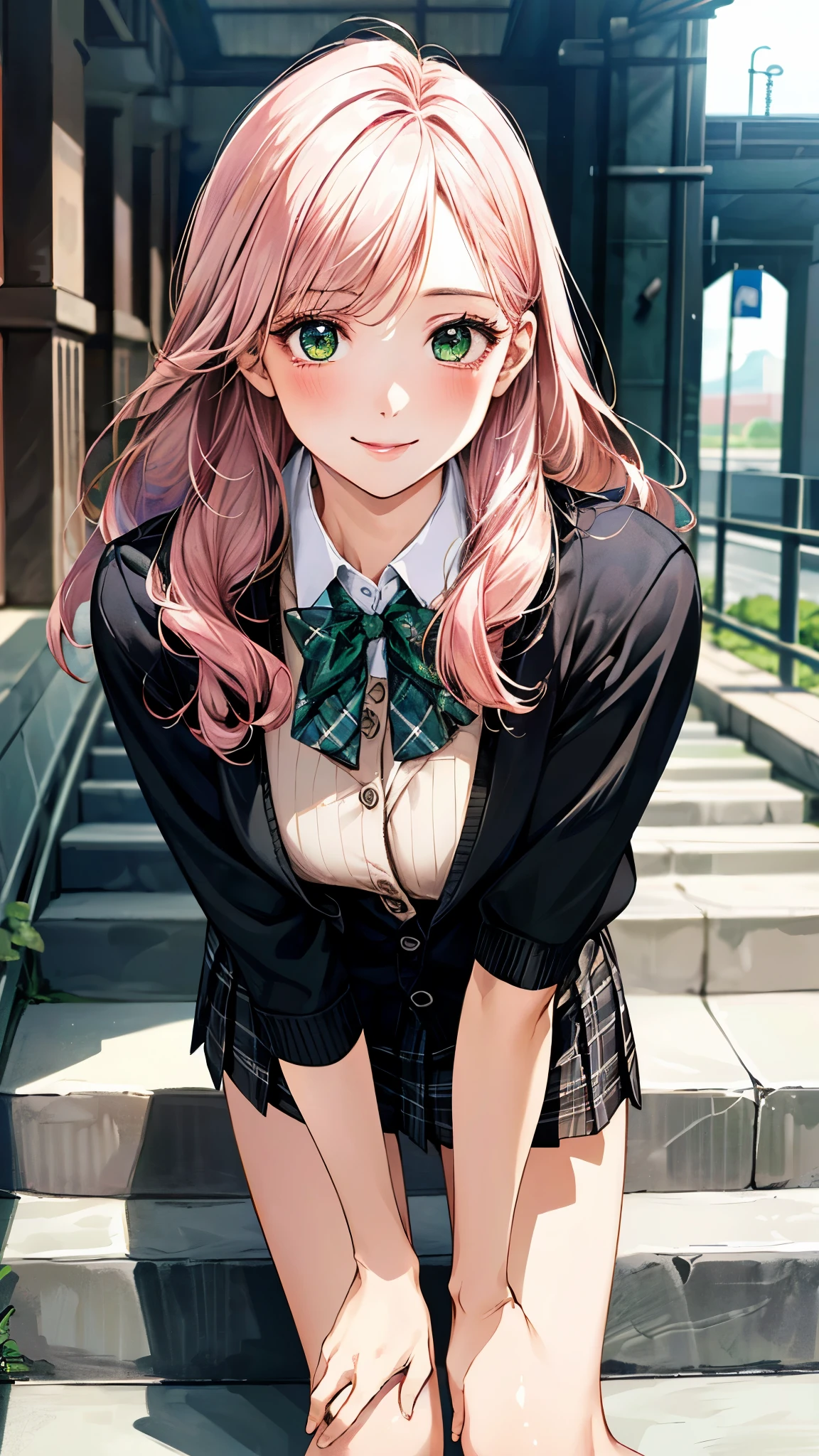 (masterpiece:1.3, top-quality), ultra high res, ultra detailed, (realistic, photorealistic:1.4), beautiful illustration, perfect lighting, colorful, depth of fields, surrealism, 
upper body, (front view), full body, dynamic angle, 
beautiful hair, beautiful face, extremely detailed face, beautiful detailed eyes, beautiful clavicle, beautiful body, beautiful chest, beautiful thigh, beautiful legs, beautiful hands, 
looking at viewer, 1 girl, japanese, high school girl, (perfect anatomy, anatomically correct, super detailed skin), cute and symmetrical face, babyface, perfect face, perfect eyes, perfect body, 
(long hair:1.8, straight hair:1.7, light pink hair), parted bangs, emerald green eyes, long eyelashes, (large breasts, wide hips, seductive thighs, skindentation), shiny skin, slender, 
((detailed cloth texture, red bow tie, black jacket, open jacket, brown cardigan, white shirt, black skirt, plaid skirts)), 
(beautiful scenery), morning, (city, staircase), (lovely smile:1.2, upper grade), 
(looking up from the bottom of the stairs), very embarrassing panic smile, turned around, (bending forward:1.4), (reaching :1.5), 