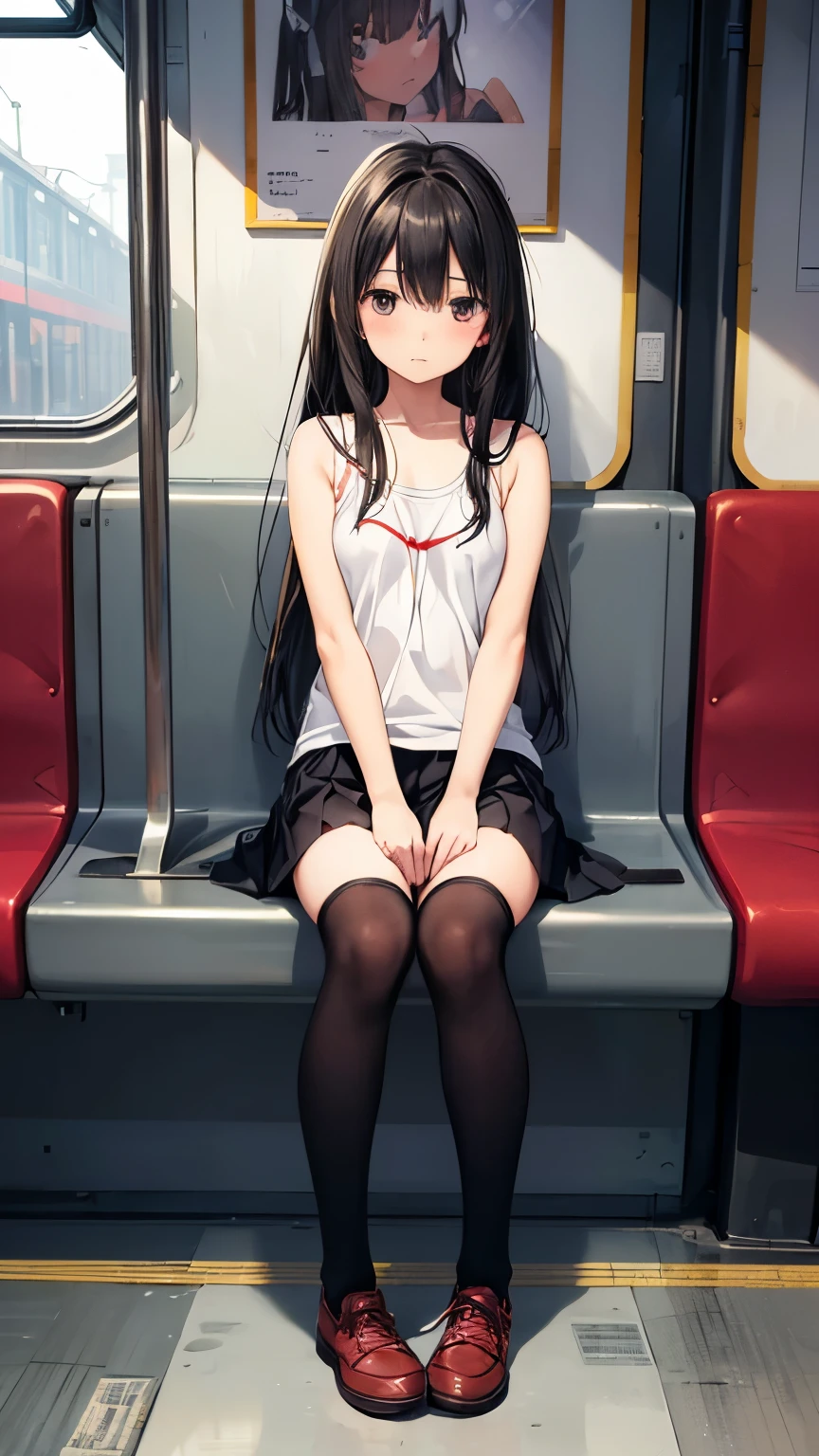 ((masterpiece, Highest_quality)), One girl, (Realistic:1.4),  alone, black_hair, length_hair,   zettai_ryouiki, Micro Mini Skirt, ((full_body)),White panties、Bend your knees and sit down、Embarrassed expression、Absolute area、Over the knee socks、on the train、Red Tank Top、