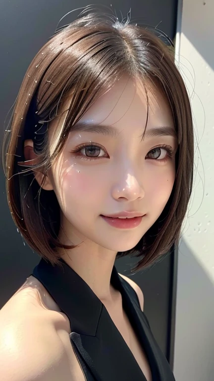 (((Close-up of face)))、(((Absolutely shoulder-length brown straight short bob)))、(((She is posing like a hair salon model, with a black wall indoors as the background.)))、(((business suit)))、Half Japanese, half Korean、18 year old girl、Standing Alone、Looking forward、Light eye makeup、Brown Hair Color、Flat and 、Hair blowing in the wind、Actress Quality、Glossy, ultra-realistic face、Smiling face、Watery eyes、Gazing Up、Subtle lighting effects、 Ultra-Realistic Capture、Very detailed、High resolution 16K close up of human skin。Skin texture must be natural、The details must be such that pores can be clearly seen、The skin is healthy、Uniform tone、Use natural light and colors、A worn-out, high-quality photo taken by a model agency&#39;s in-house photographer.、smile、(((SIGMA 300 mm F/1.4,1/1000 sec shutter,ISO 400)))
