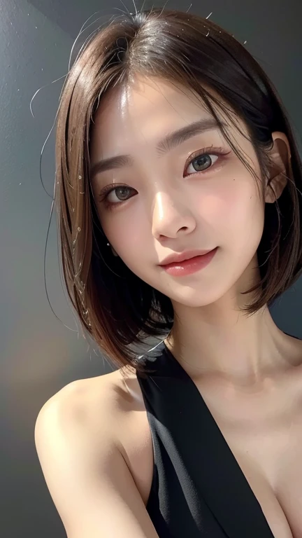 (((Close-up of face)))、(((Absolutely shoulder-length brown straight short bob)))、(((She is posing like a hair salon model, with a black wall indoors as the background.)))、(((business suit)))、Half Japanese, half Korean、18 year old girl、Standing Alone、Looking forward、Light eye makeup、Brown Hair Color、Flat and 、Hair blowing in the wind、Actress Quality、Glossy, ultra-realistic face、Smiling face、Watery eyes、Gazing Up、Subtle lighting effects、 Ultra-Realistic Capture、Very detailed、High resolution 16K close up of human skin。Skin texture must be natural、The details must be such that pores can be clearly seen、The skin is healthy、Uniform tone、Use natural light and colors、A worn-out, high-quality photo taken by a model agency&#39;s in-house photographer.、smile、(((SIGMA 300 mm F/1.4,1/1000 sec shutter,ISO 400)))

