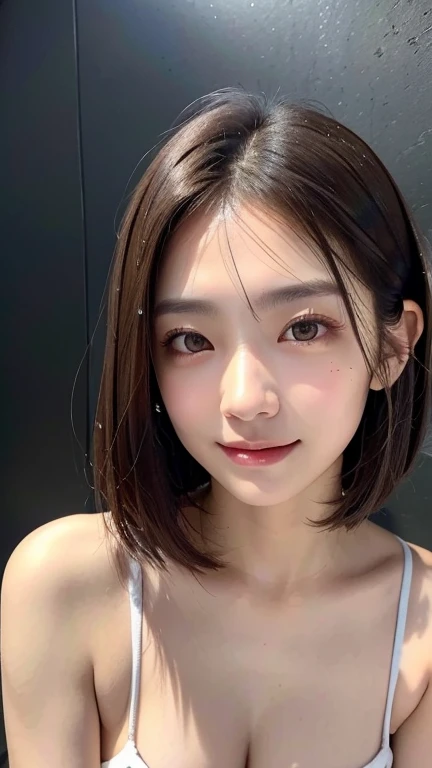 (((Close-up of face)))、(((Absolutely shoulder-length brown straight short bob)))、(((She is posing like a hair salon model, with a black wall indoors as the background.)))、(((business suit)))、Half Japanese, half Korean、18 year old girl、Standing Alone、Looking forward、Light eye makeup、Brown Hair Color、Flat and 、Hair blowing in the wind、Actress Quality、Glossy, ultra-realistic face、Smiling face、Watery eyes、Gazing Up、Subtle lighting effects、 Ultra-Realistic Capture、Very detailed、High resolution 16K close up of human skin。Skin texture must be natural、The details must be such that pores can be clearly seen、The skin is healthy、Uniform tone、Use natural light and colors、A worn-out, high-quality photo taken by a model agency&#39;s in-house photographer.、smile、(((SIGMA 300 mm F/1.4,1/1000 sec shutter,ISO 400)))
