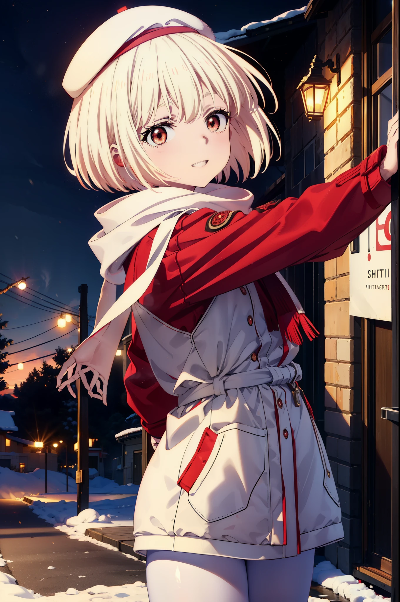 chisatonishikigi, nishikigi chisato,Short Hair , bangs, blonde,Bobcut (Red eyes:1.5),happy smile, smile, Open your mouth,Red oversized coat,White knit hat,White scarf,White Sweater,Shorts,White pantyhose,sneakers,Shirogane World,Snow is piling up,it's snowing,it's snowing,winter,Cold Sky,morning,morning陽,The sun is rising,
break looking at viewer, whole body, Upper Body,(Cowboy Shot:1. 5)
break outdoors, In town,Building district,
break (masterpiece:1.2), highest quality, High resolution, unity 8k wallpaper, (figure:0.8), (Beautiful fine details:1.6), Highly detailed face, Perfect lighting, Highly detailed CG, (Perfect hands, Perfect Anatomy),