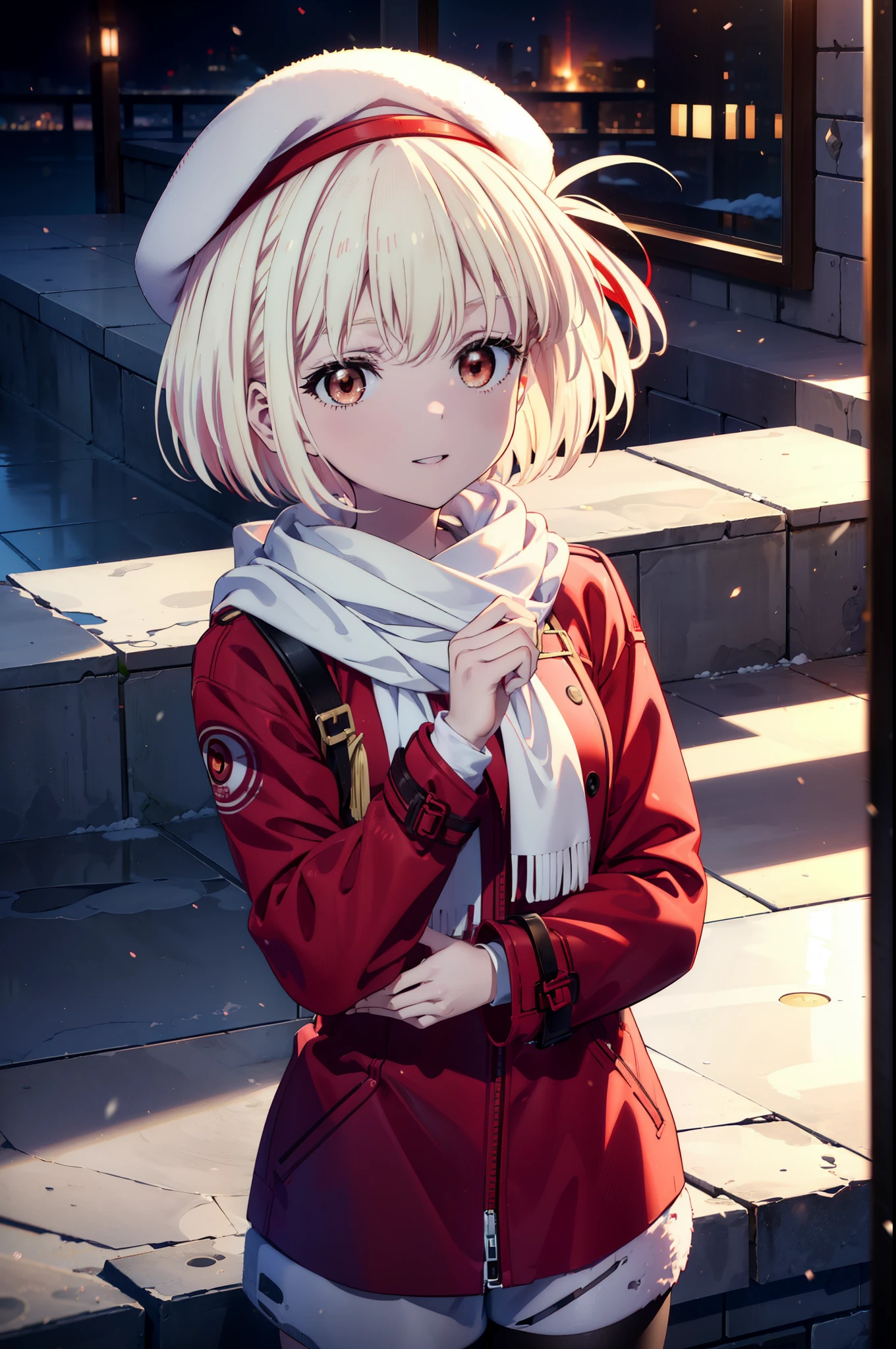 chisatonishikigi, nishikigi chisato,Short Hair , bangs, blonde,Bobcut (Red eyes:1.5),happy smile, smile, Open your mouth,Red oversized coat,White knit hat,White scarf,White Sweater,Shorts,White pantyhose,sneakers,Shirogane World,Snow is piling up,it&#39;s snowing,it&#39;s snowing,winter,Cold Sky,morning,morning陽,The sun is rising,
break looking at viewer, whole body, Upper Body,(Cowboy Shot:1. 5)
break outdoors, In town,Building district,
break (masterpiece:1.2), highest quality, High resolution, unity 8k wallpaper, (figure:0.8), (Beautiful fine details:1.6), Highly detailed face, Perfect lighting, Highly detailed CG, (Perfect hands, Perfect Anatomy),