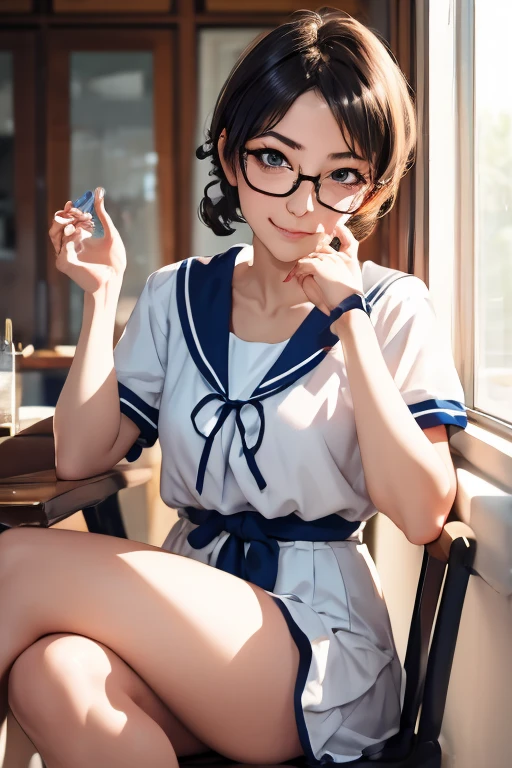 (masterpiece, highest quality), One Girl, Satou, Satou, Glasses, 赤いフレームのGlasses, Sailor suit, Satou, Glasses, 赤いフレームのGlasses,