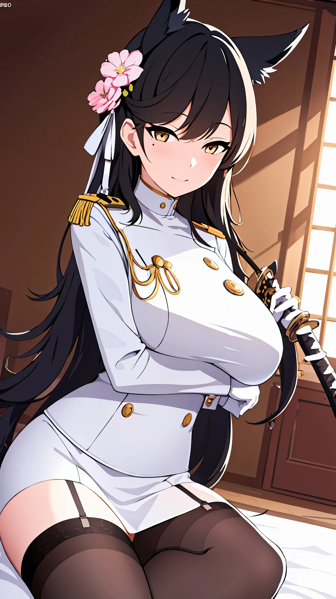 (masterpiece), (best quality), (ultra-detailed), photorealistic, (best illustration), (an extremely delicate and beautiful), 1girl, solo, atago_\(azur_lane\), brown eyes,mole_under_eye,military_uniform, garter_straps, skirt, skirt, black legwear,white gloves,white background,(Nekomimi) bigbust a woman holding a katana pretty face, skin indentation, stunning eyes, rim lighting, skin shading, sub surface scattering masterpiece, best quality, ssao shadows, detailed, intricat ,cowboy shot,, masterpiece, best quality,Very Fine Eyes Very Fine Face、Insanely detailed body、Extremely fine skin, very elaborate hair ornament, Precisely shaped body and hands