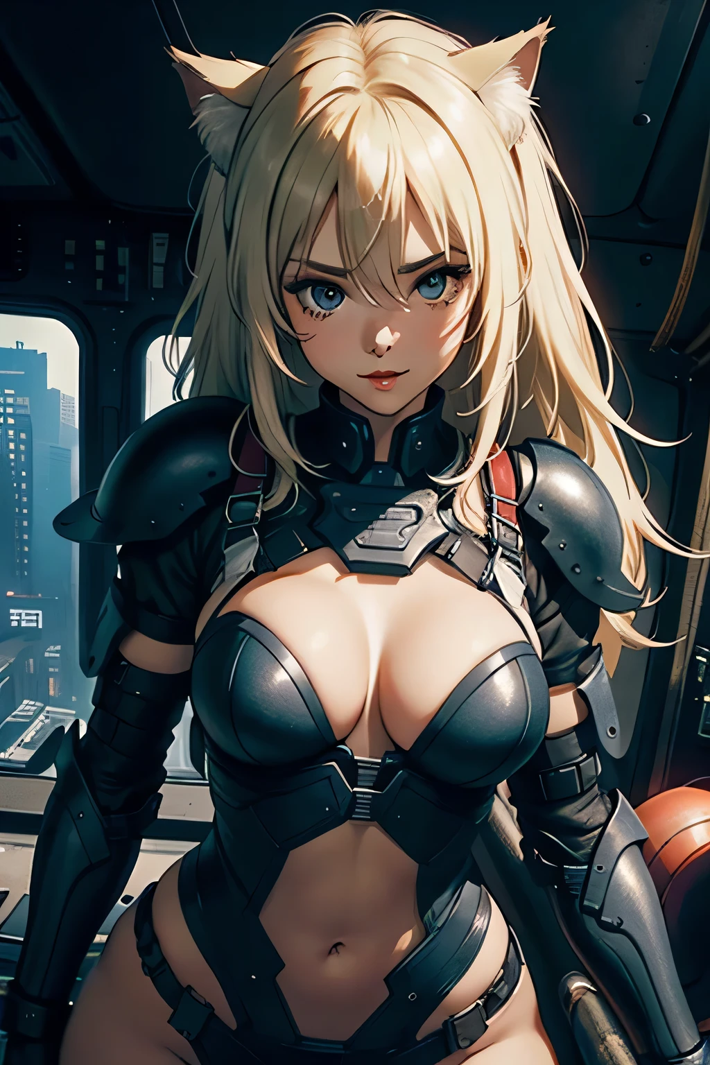 ((highest quality)), ((masterpiece)), (be familiar with), (High definition), 8K, Perfect Face、2Women、Two blonde women with cat ears、((Standing by in the mobile suit's 2cockpit))、Fearless smile、tall、2 Blonde cat ears、2. Long Hair、2. Volumetric hair style、Large Breasts、Narrow waist、Big Ass、glamorous、Alluring、protector、Armor、combat suit、Combat Boots、Armament、Cinematic、Best Shadow、Side lighting、NEO TOKYO、((cockpit))、(Close-up of face)