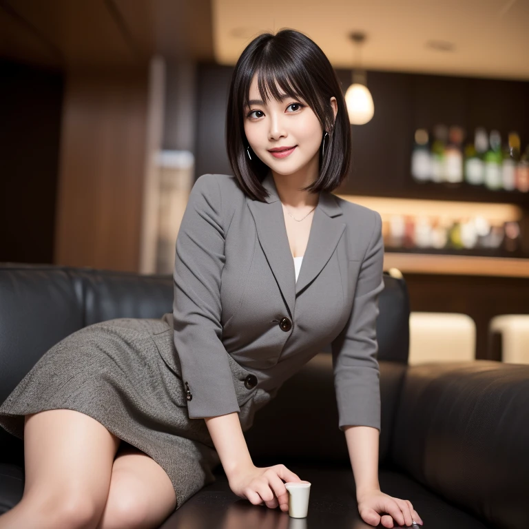 (masterpiece)、(highest quality:1.5)、(16kのwallpaper:1.2)、(Photorealistic:1.2)、(Ultra-detailed:1.2)、(超A high resolution:1.2),Healthy thighs、Narrow waist、Big ass、(Beautiful legs)、(Surreal), (figure), (High resolution), (Very detailed), (best figure), (Beautiful fine details),(Sharp focus), (Professional), (Realistic), (Post-processing), (maximum detail),Roughness, (highest quality), (Very detailed), (masterpiece), (wallpaper), (Detailed face),((Perfectly detailed five-fingered hands)),Beautiful realistic face,(Anatomically correct body)、((1 female:1.4))、Realistic far looking eyes、Realistic Skin、美しいBlack Hair、Super Beauty、(Small chest:1.4),Sharp focus:1.2,Pretty woman with perfect figure:1.4,The best smile、(from the front:1.5)、 Natural color lip,Black Hair、Even bangs、((43 years old))、Long hair or bob hair、((Dark interior with eye-catching neon lights、No window、Alcohol is displayed、Dark Room:1))(Photorealistic)、 (Very cute face, Natural Makeup)(Fair skin、Beautiful Skin、Extremely realistic texture)(Sparkling eyes、Realistic eyes)(Brown Hair、Shiny beautiful hair、Short Bob、Hair behind the ear、Very fine hair)((Long piercings))Beautiful breasts、Beautiful breastsの谷間、Narrow waist、narrow、Big Ass(Grey Suit、mini skirt)((Neon tube background))bar counter、Sitting on the couch、Stretch your legs、(Fascinating gravure pose))((Full Body Shot))(((I can see up to my ankles)))