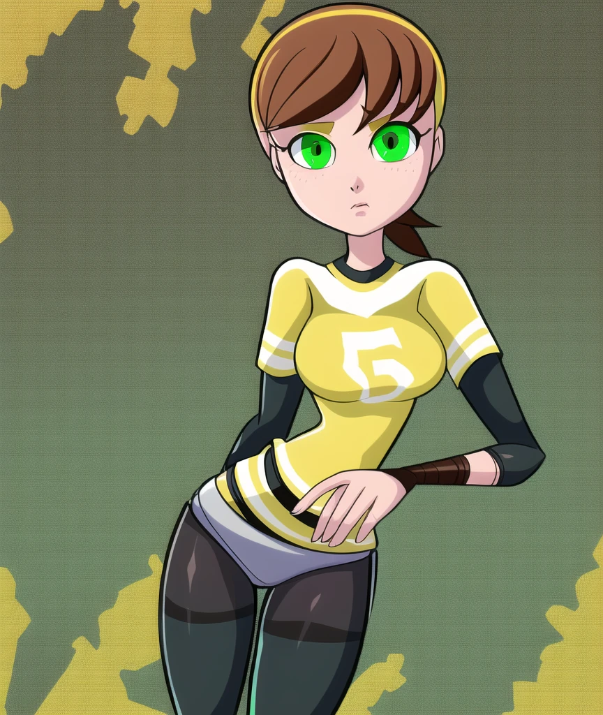 1girl, dorotheaarnault, brown hair, green eyes, black pantyhose, shiny pantyhose, yellow tshirt, black sleeves