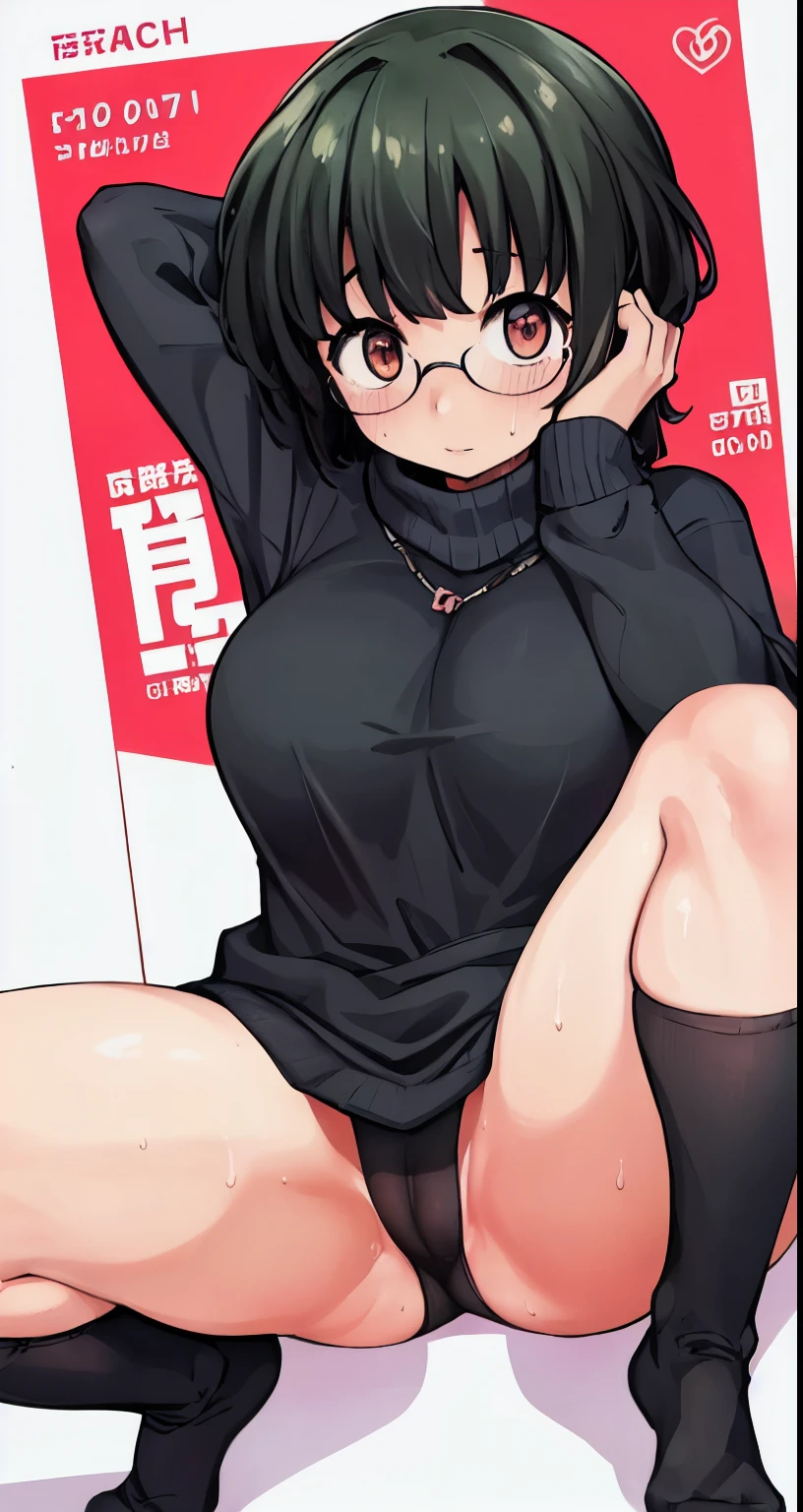 highest quality,(8K Portrait),(Official Art)、obesity、((short hair))、blush,((isark hair)),(Sweat),Black knee socks、One Woman,((:is))、hot、Office Room、Glasses、(Crouch:1.7)、(Wide-open legs:1.5)、whole body、Gray virgin killer sweater、Large Breasts、Hands behind head