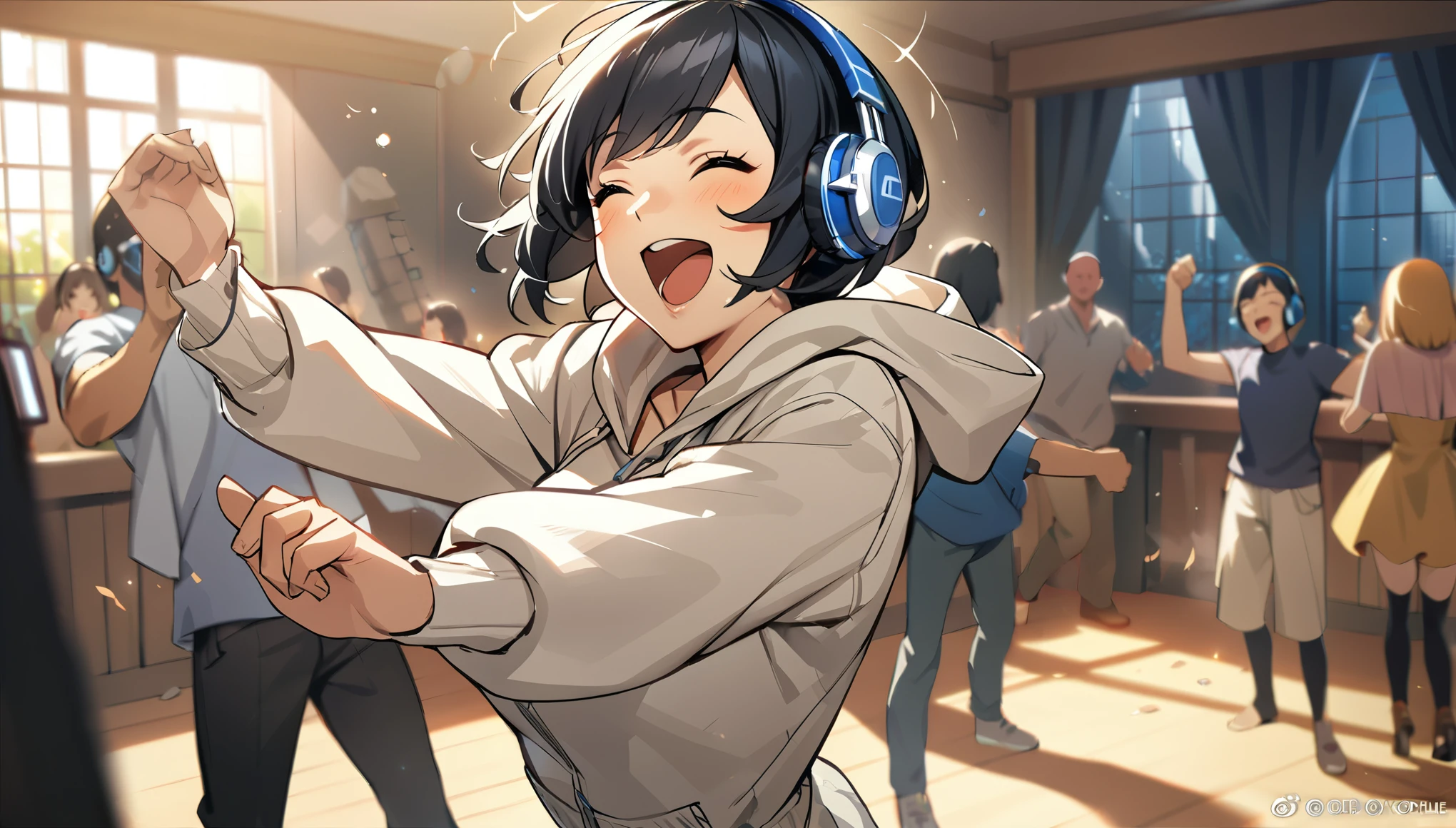 1Boy, Headphones, Music, ((Dancing)), ((Black Hair)), Hood, Show, Rock, ((Excited)), ((Smile)), ((Close Eyes)), Room, Comfy, Masterpiece, Best Quality, 4K