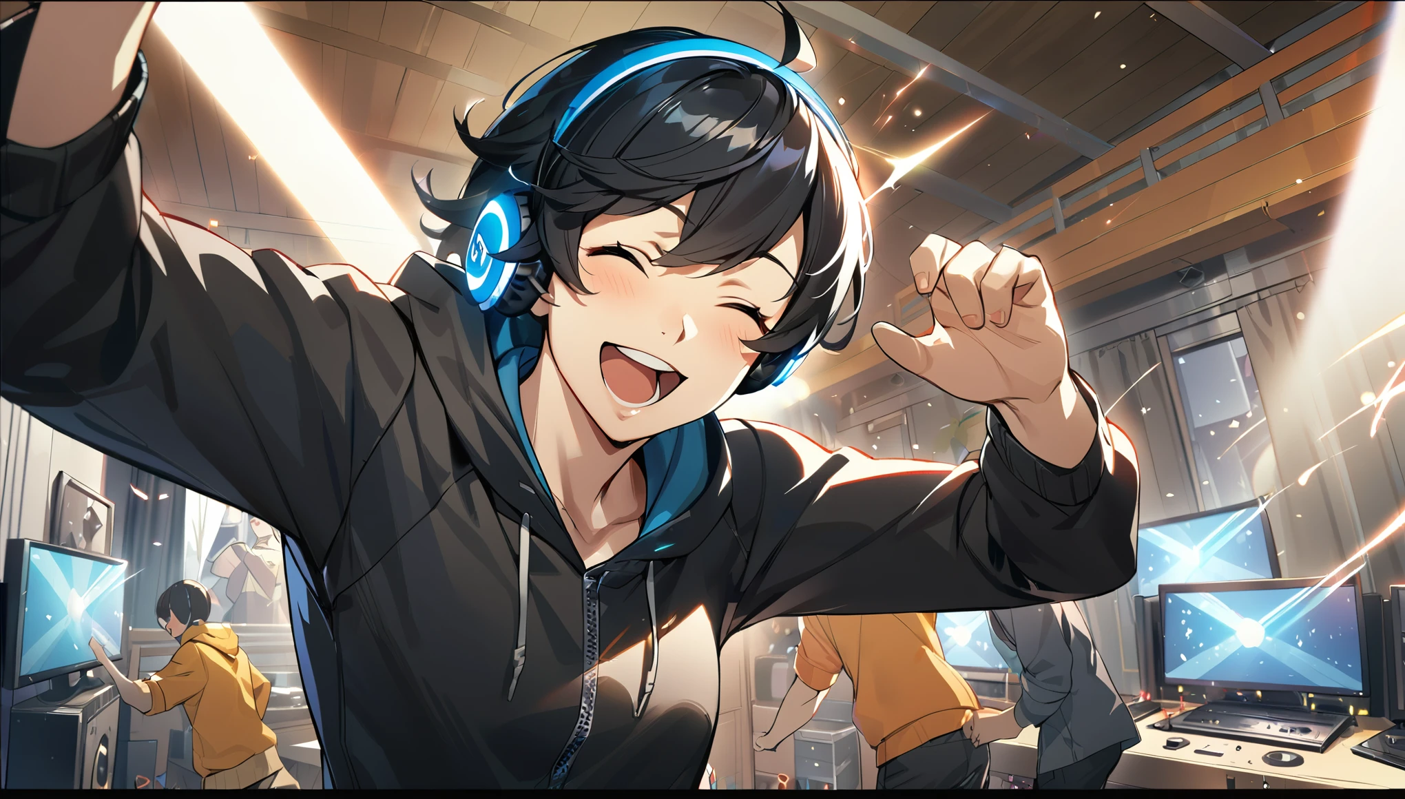 1Boy, Headphones, Music, ((Dancing)), ((Black Hair)), Hood, Show, Rock, ((Excited)), ((Smile)), ((Close Eyes)), Room, Comfy, Masterpiece, Best Quality, 4K
