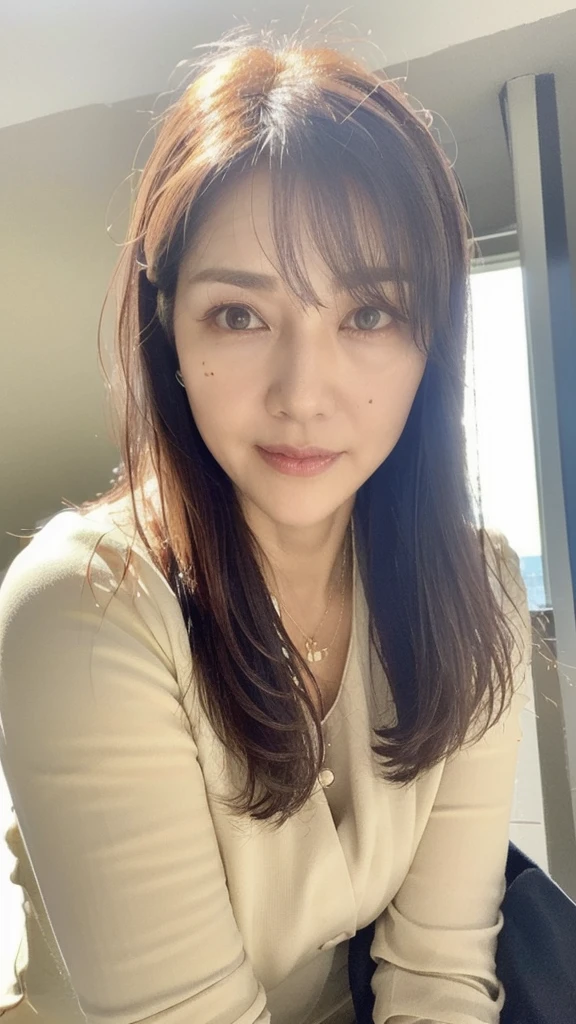 ((Top Quality)), ((8K)), ((Masterpiece: 1.3)), (Perfect Appearance), (Photorealism: 1.6), japanese woman, (48 years old), ((Standing upright, facing forward, center of screen)), ((Realistic skin texture)), (Fine wrinkles throughout the skin), (Dull skin), (Skin without moisture) , (Wrinkles on the face: 0.9), (Wrinkles on the corners of the eyes: 1.2), Double eyelids, tear bags on the lower eyelids, (Crying moles: 0.9), The eyes are looking here, serious gaze, (Dimples: 1.2), (focus on face: 1.3),